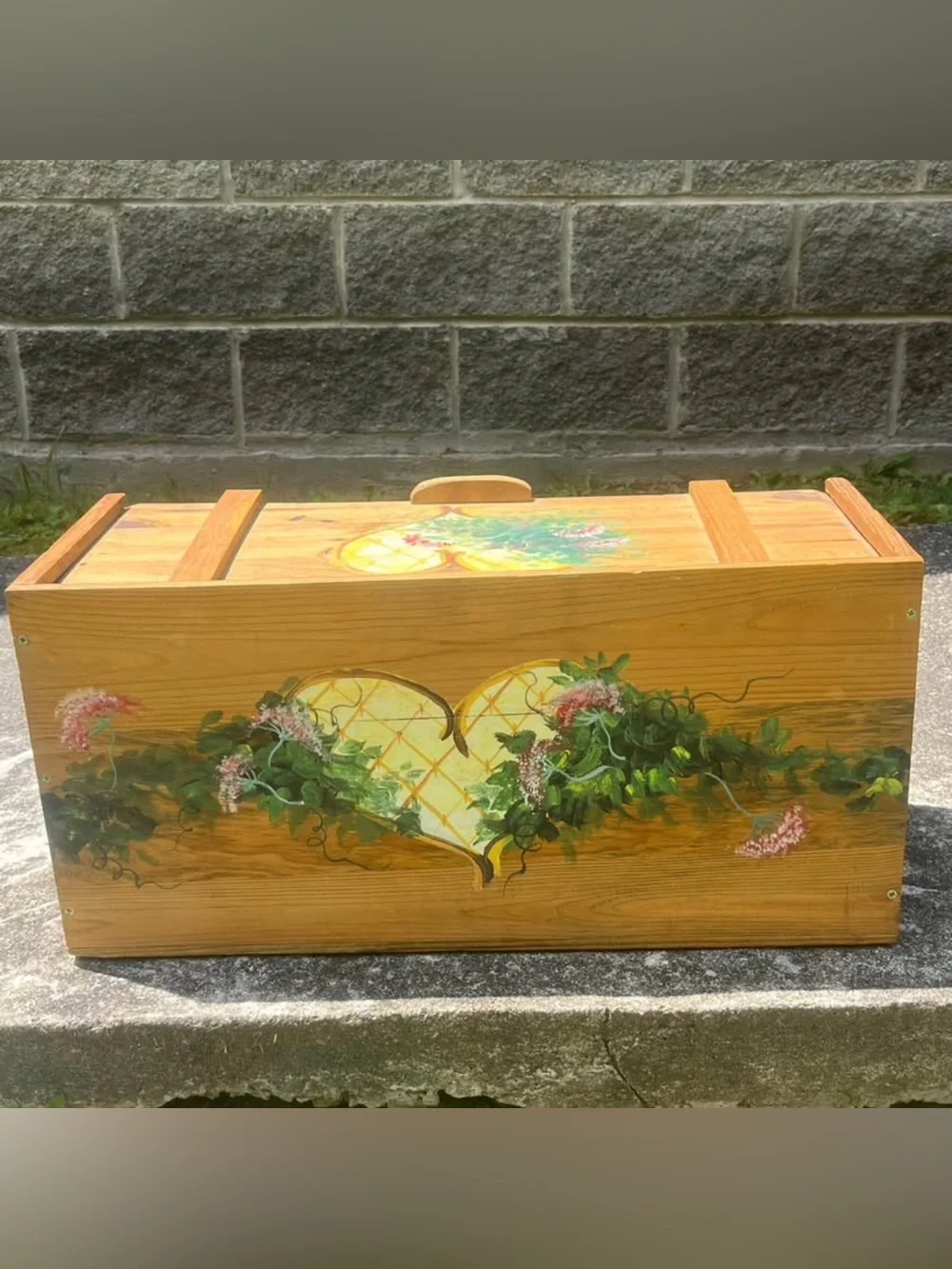 Vintage Handmade Wood Storage Box Folk Art Children Floral Hearts Cottage Whimsy